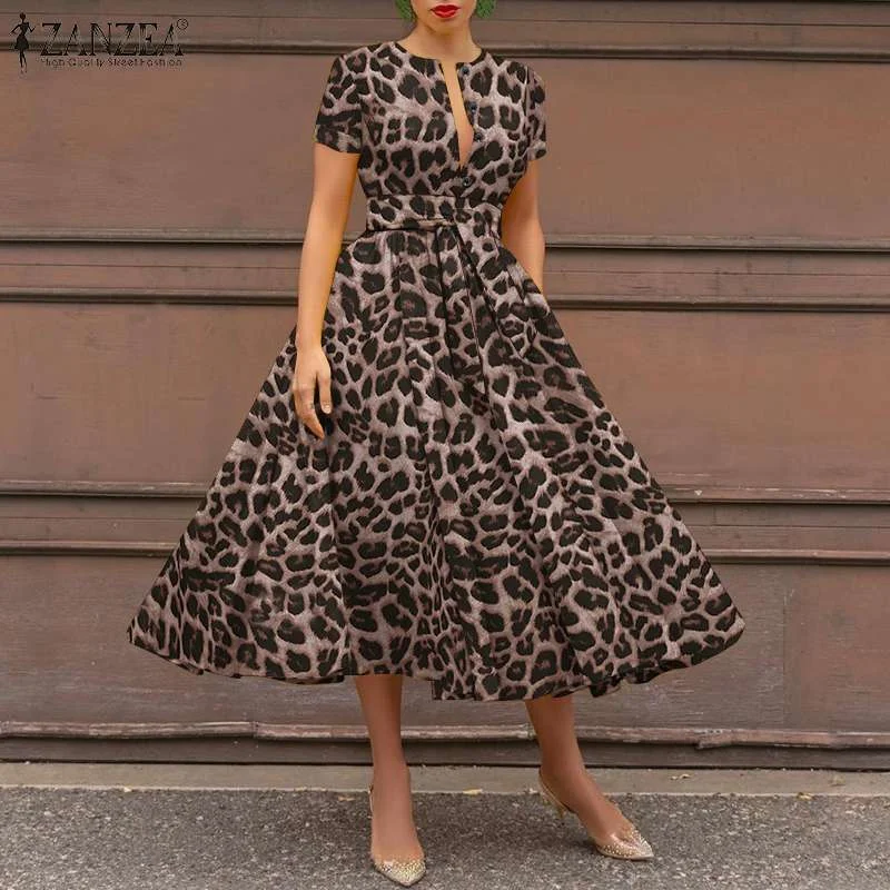 2022 ZANZEA Bohemian Summer Leopard Printed Sundress Fashion Holiday Short Sleeve A-line Midi Dress Party Vestidos Robe Femme