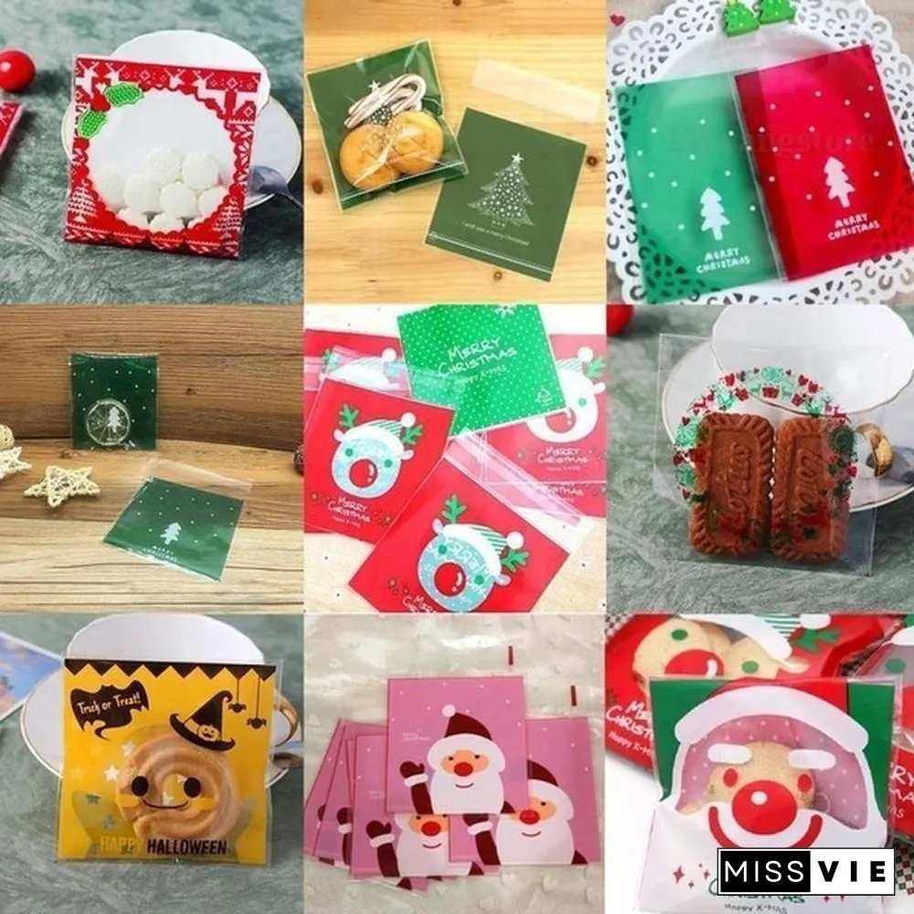 100Pcs Merry Christmas Candy Gift Bags Xmas Cellophane Santa Cello Cookies