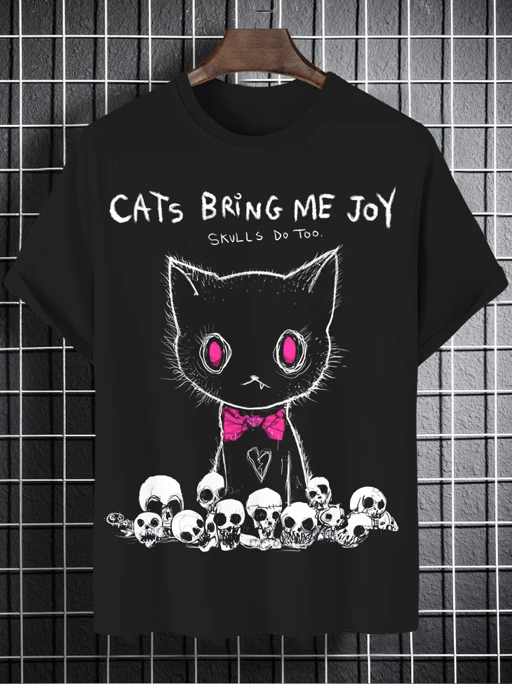 Men's Cats Bring Me Joy Skull Do Too Print Cotton Casual T-Shirt