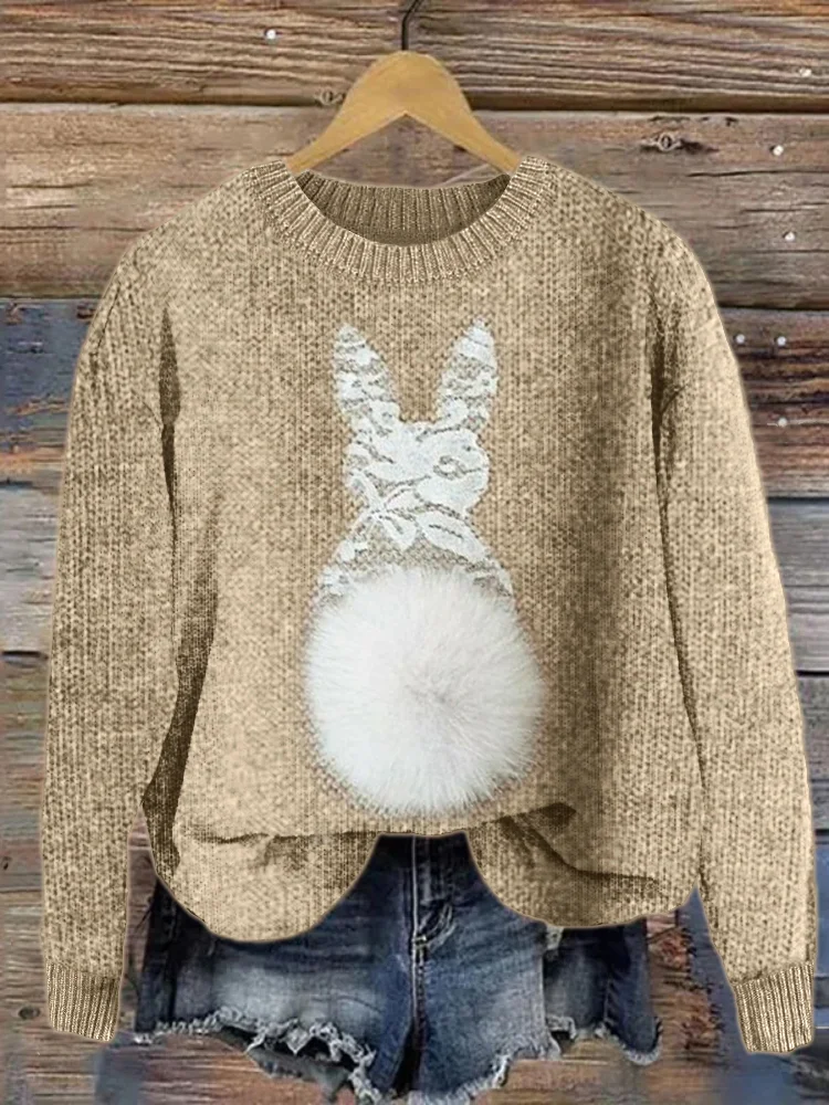 VChics Easter Bunny Lace Pom Pom Cozy Knit Sweater