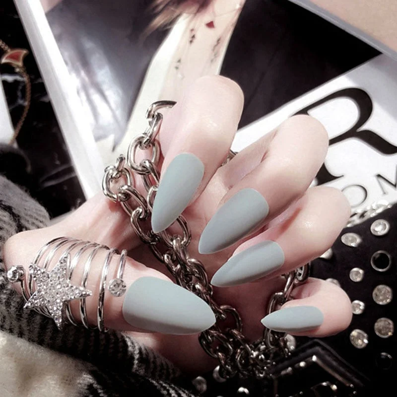 24Pcs Full Cover Pointed Head Scrub Temperament white matte false nails Wearable Stiletto Fake press on Nail with Glue for gils-Nail Inspo