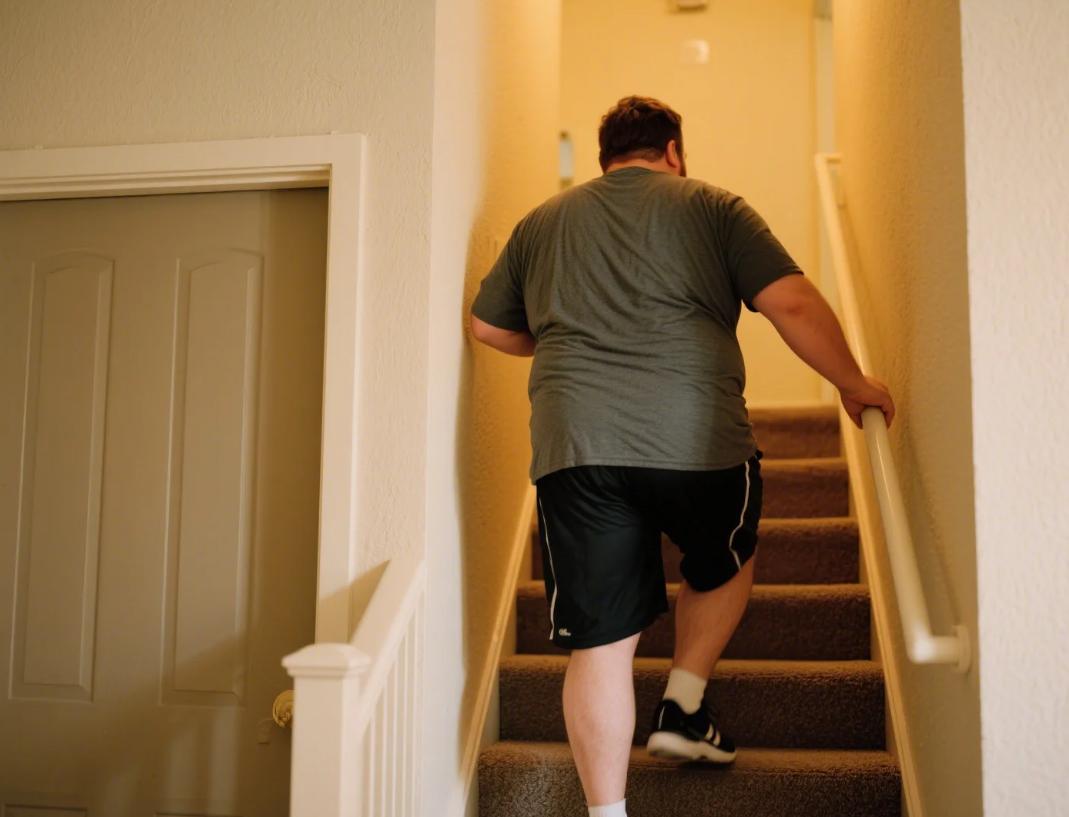 A big man climbing a step in stretching shorts.