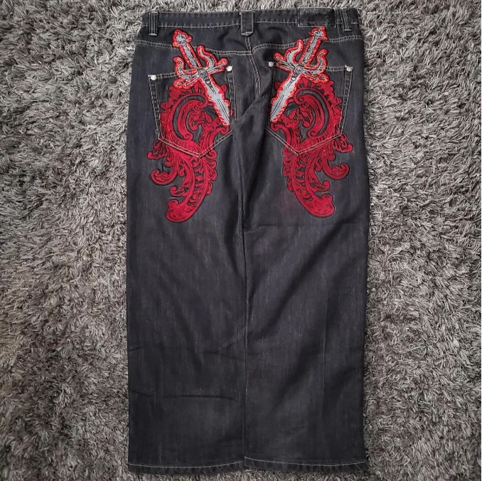 Proslotss Gothic geometric cross graphic design y2k high-waisted jeans for men clothing 2000s vintage hip-hop street popular baggy pants