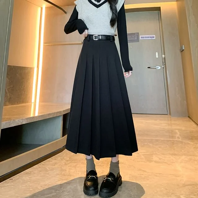 Plain Waist A-Line High Midi Pleated Accordion Skirt