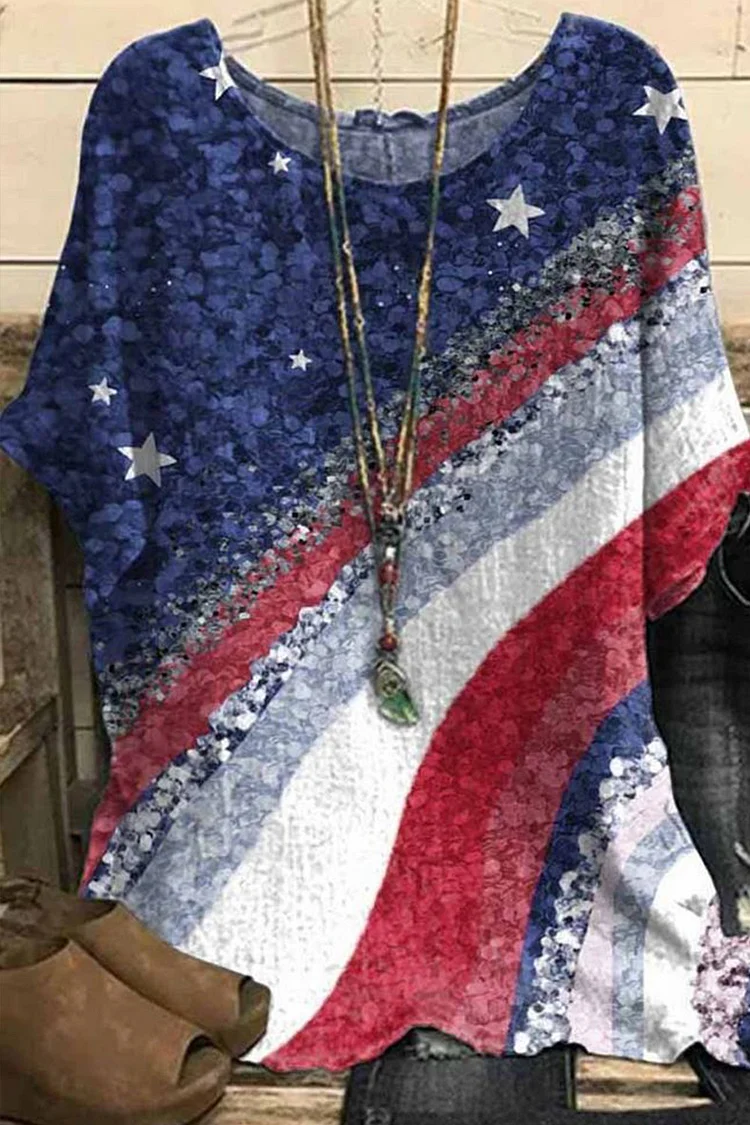 Flycurvy Plus Size Casual Navy Blue Cotton And Linen Stars And Stripes Print Blouse  Flycurvy [product_label]