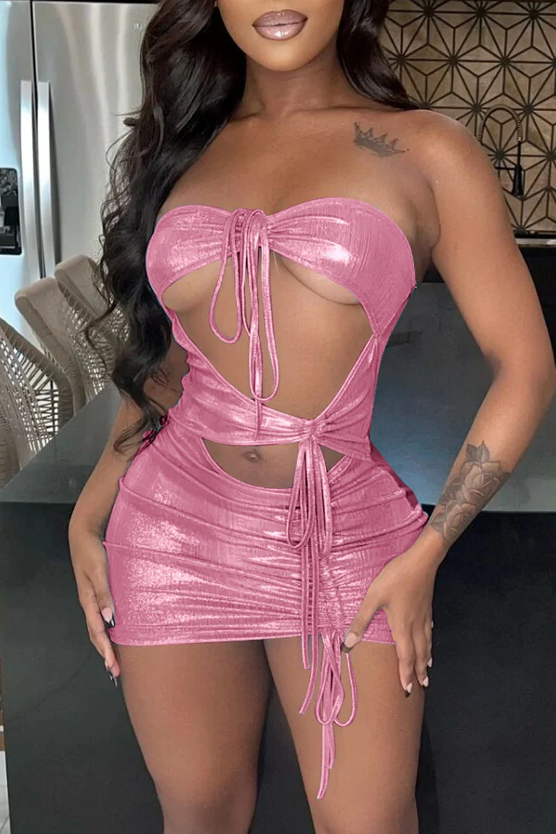 Pink Sexy Solid Bandage Backless Strapless One Step Skirt Dresses | EGEMISS