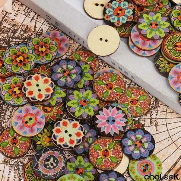 About 100Pcs Multi-Color Printed Round Buttons