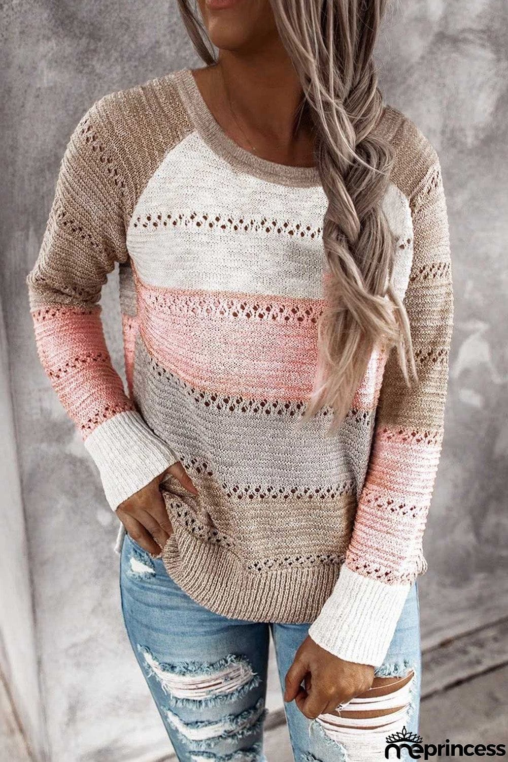 Multi-color Knitted Color Block Long Sleeve Crew Neck Sweater