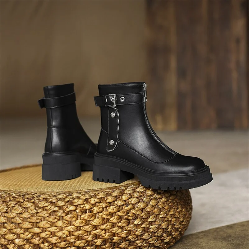 Meotina Genuine Leather Ankle Boots Women Shoes Platform Thick Heel Round Toe Boots High Heel Zipper Ladies Boots Autumn White