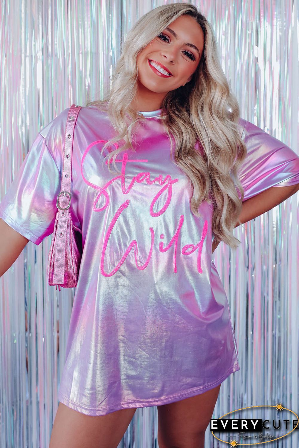 Purple Shiny Iridescent Stay Wild Graphic Oversized Tee