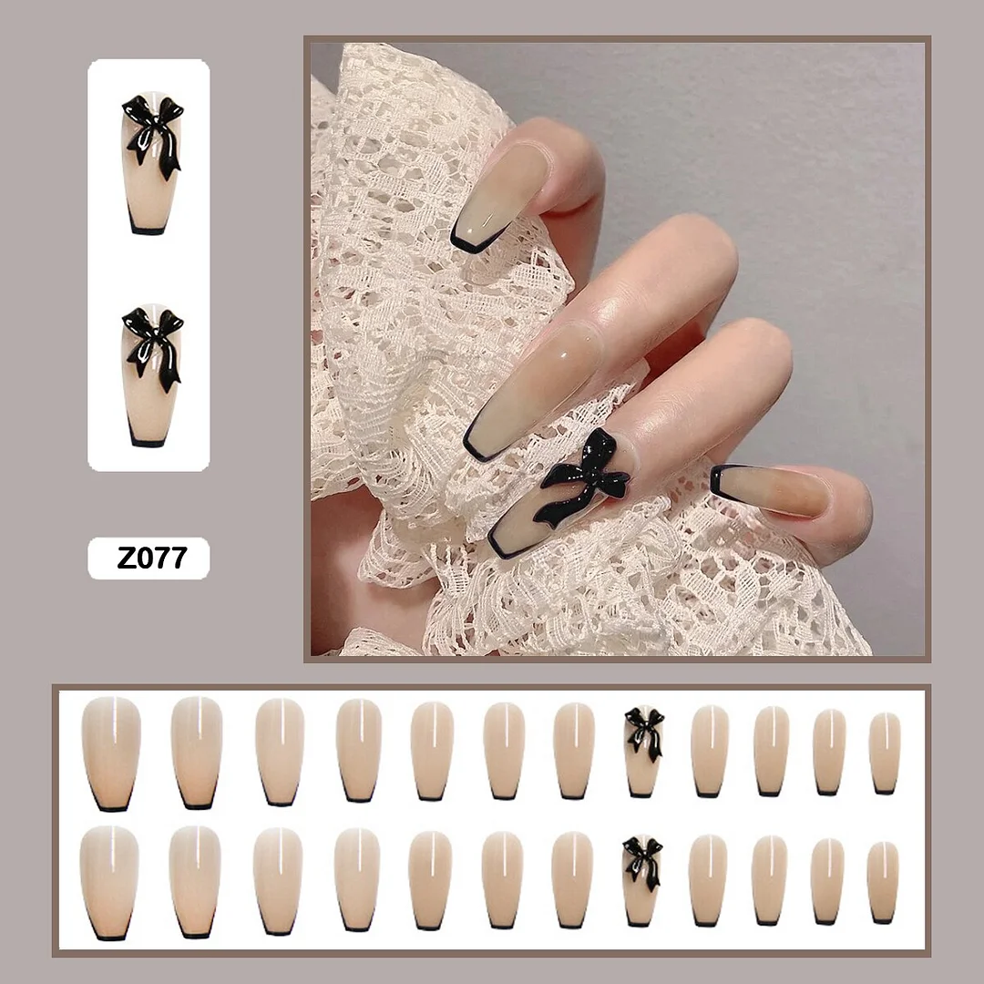 Three-dimensional bow flowers sweet heart shaped long trapezoidal wearable nail fake nails-Nail Inspo