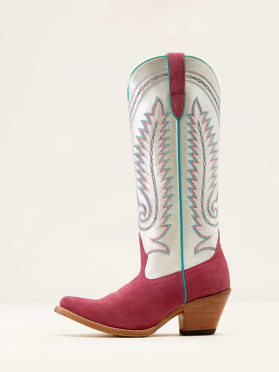 Pink Vegan Leather Colorful Embroidered Pull-On Wide Calf Knee High Cowgirl Boots