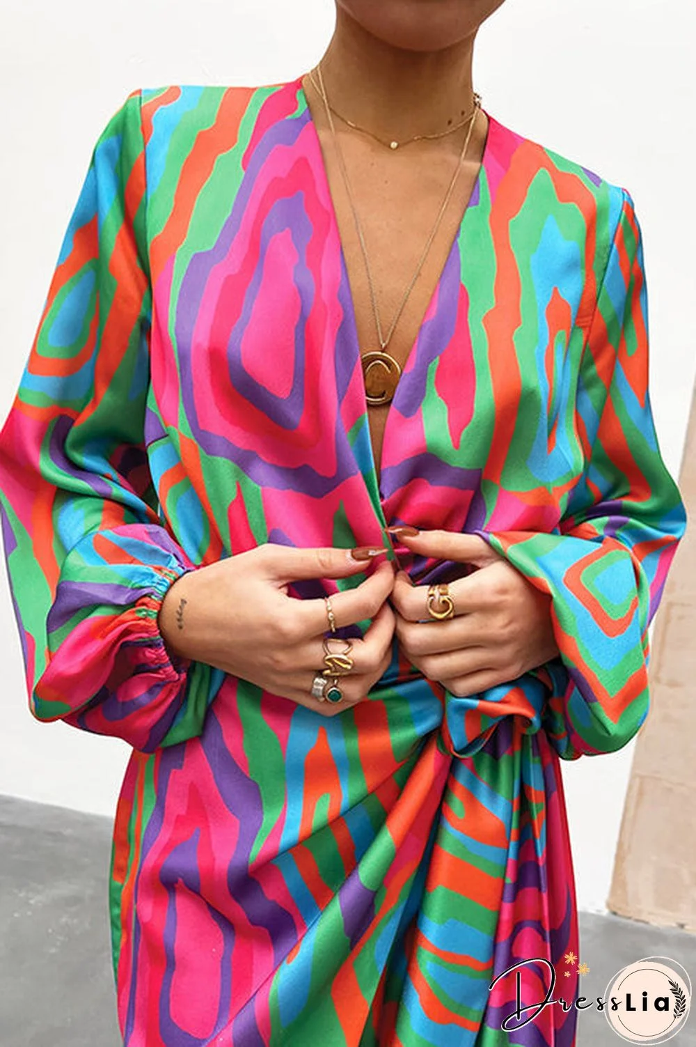 Print Long Sleeve Wrap Mini Dress
