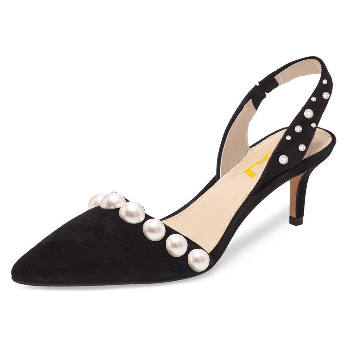 Black Suede Almond Toe Kitten Heel Slingbacks with Classic Pearl