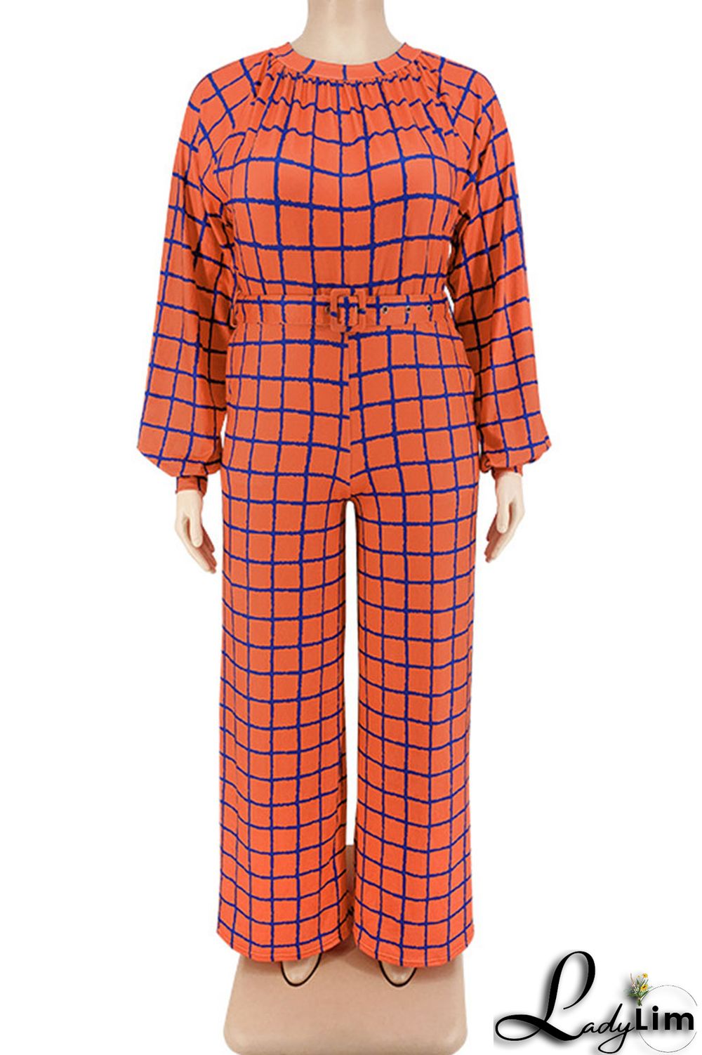 Tangerine Casual Plaid Print Patchwork O Neck Straight Jumpsuits