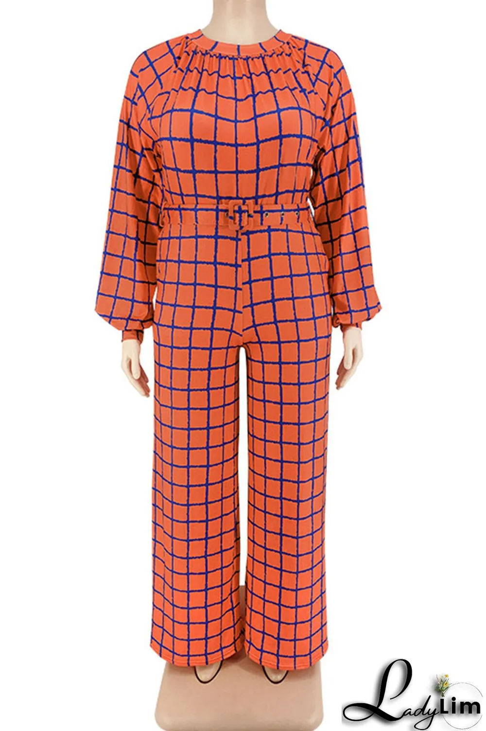 Tangerine Casual Plaid Print Patchwork O Neck Straight Jumpsuits