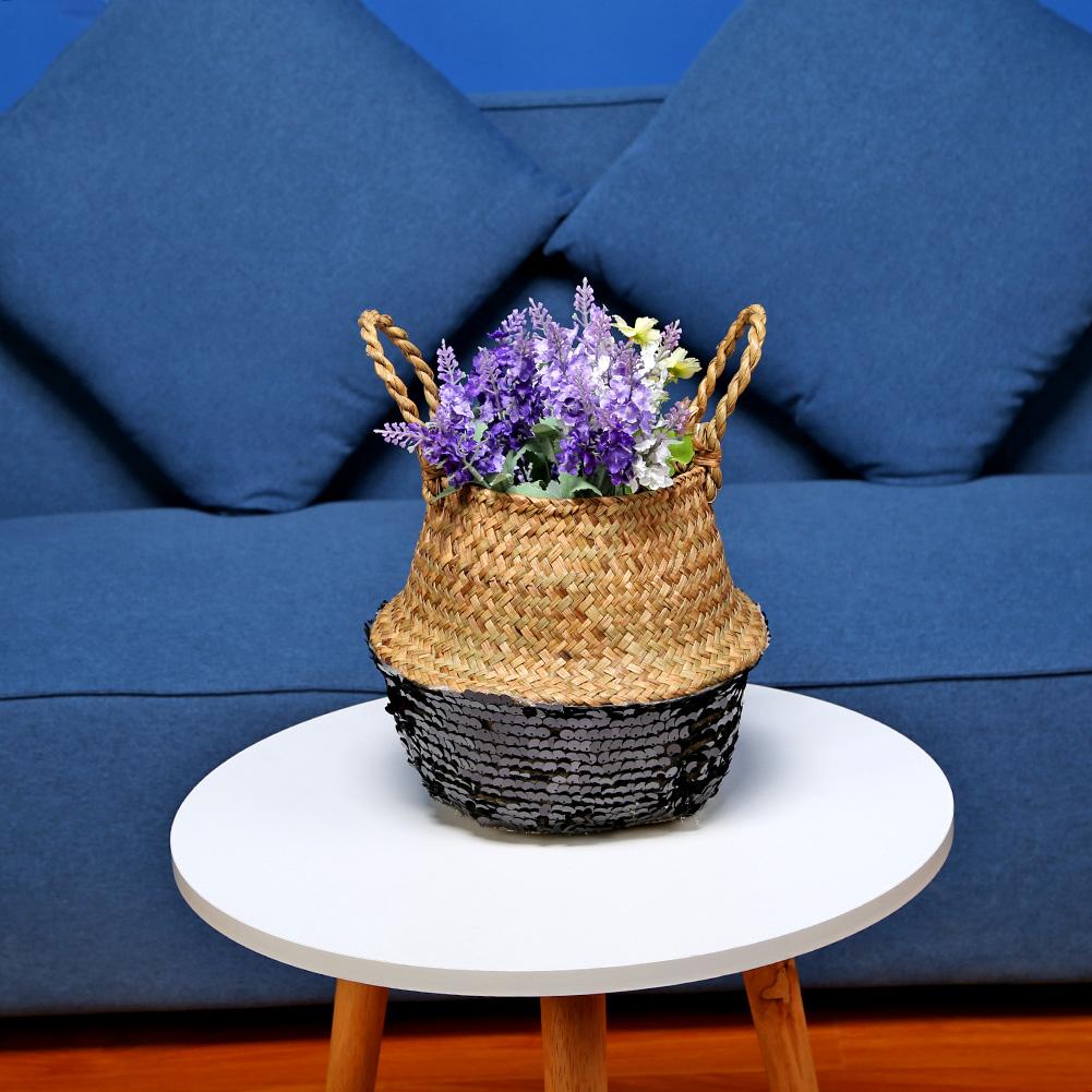 

Grass Folding Storage Basket Handmade Straw Garden Wicker Pots Black Beads, 501 Original