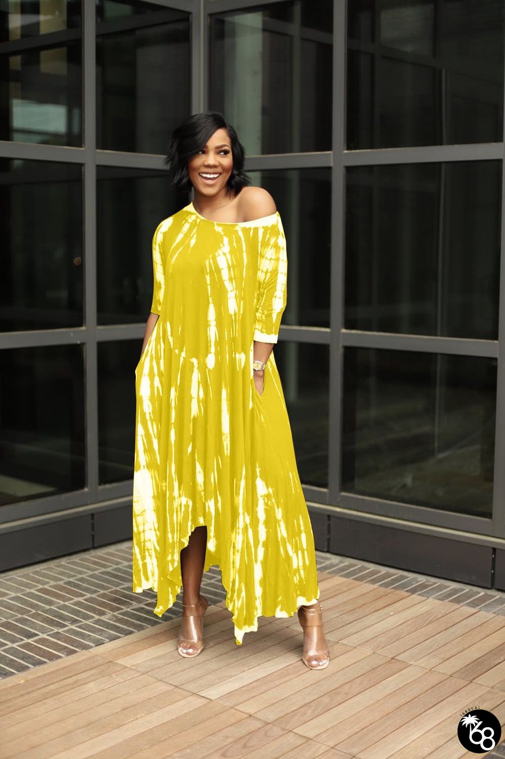 Wide Neck Tie Dyed Dress With Pockets | 168DEAL