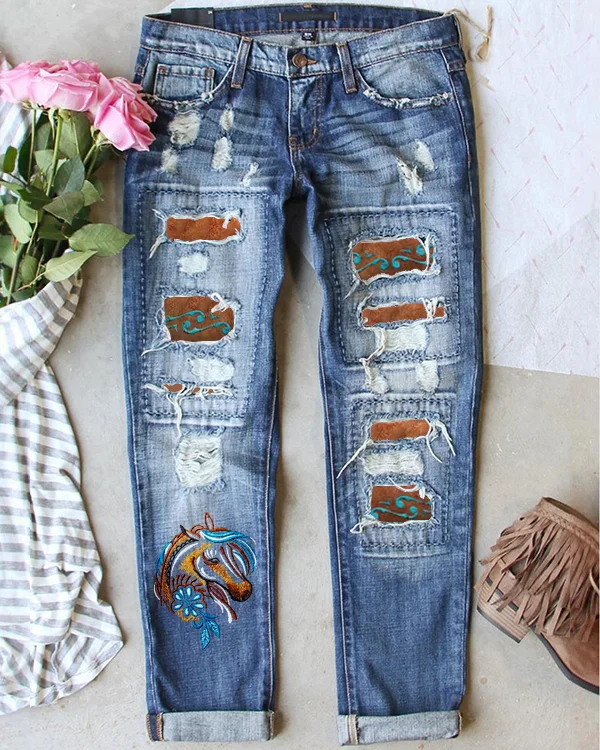 Vintage Horse Print Ripped Jeans