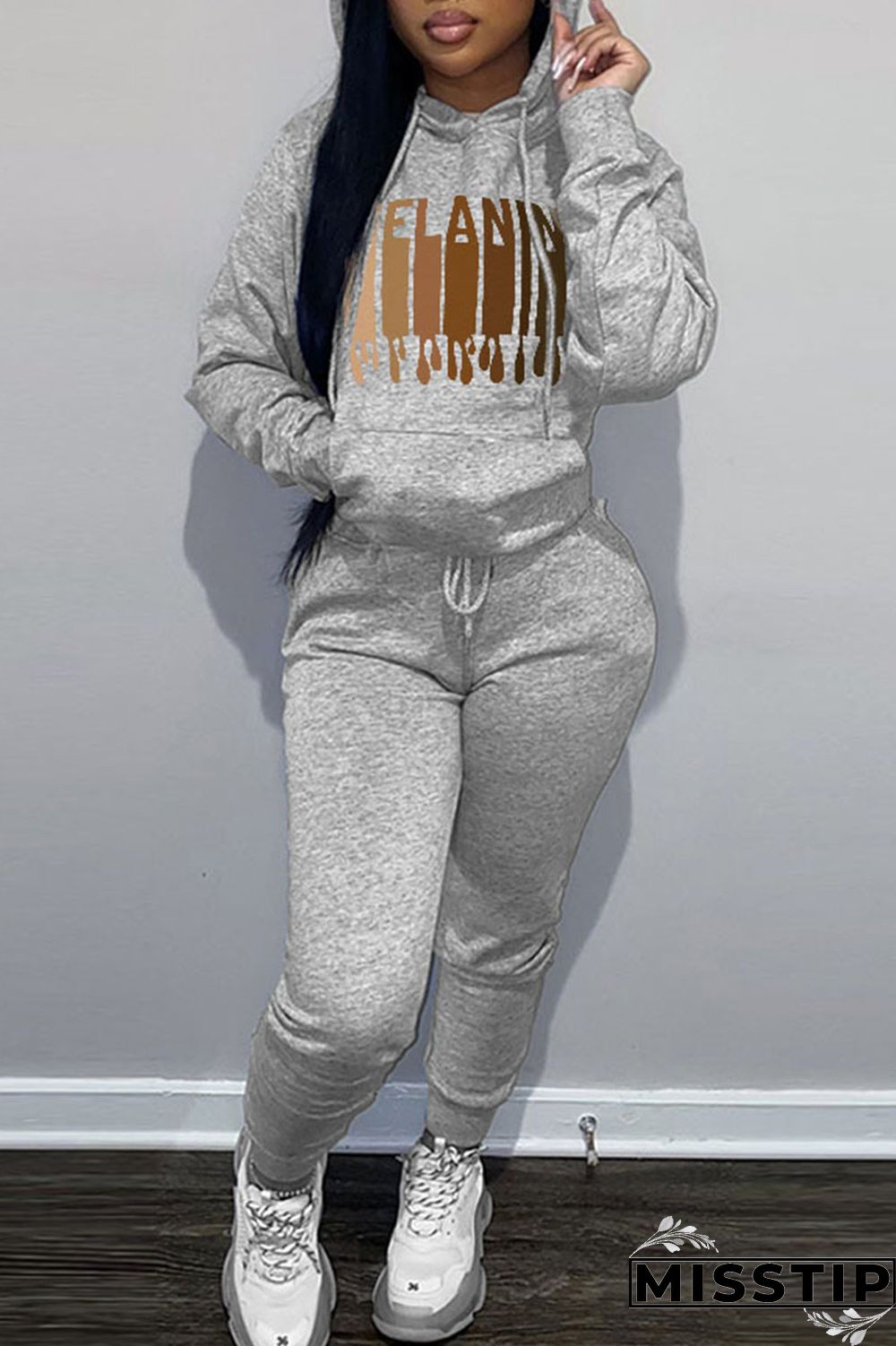 Brown Casual Print Patchwork Hooded Collar Long Sleeve Two Pieces