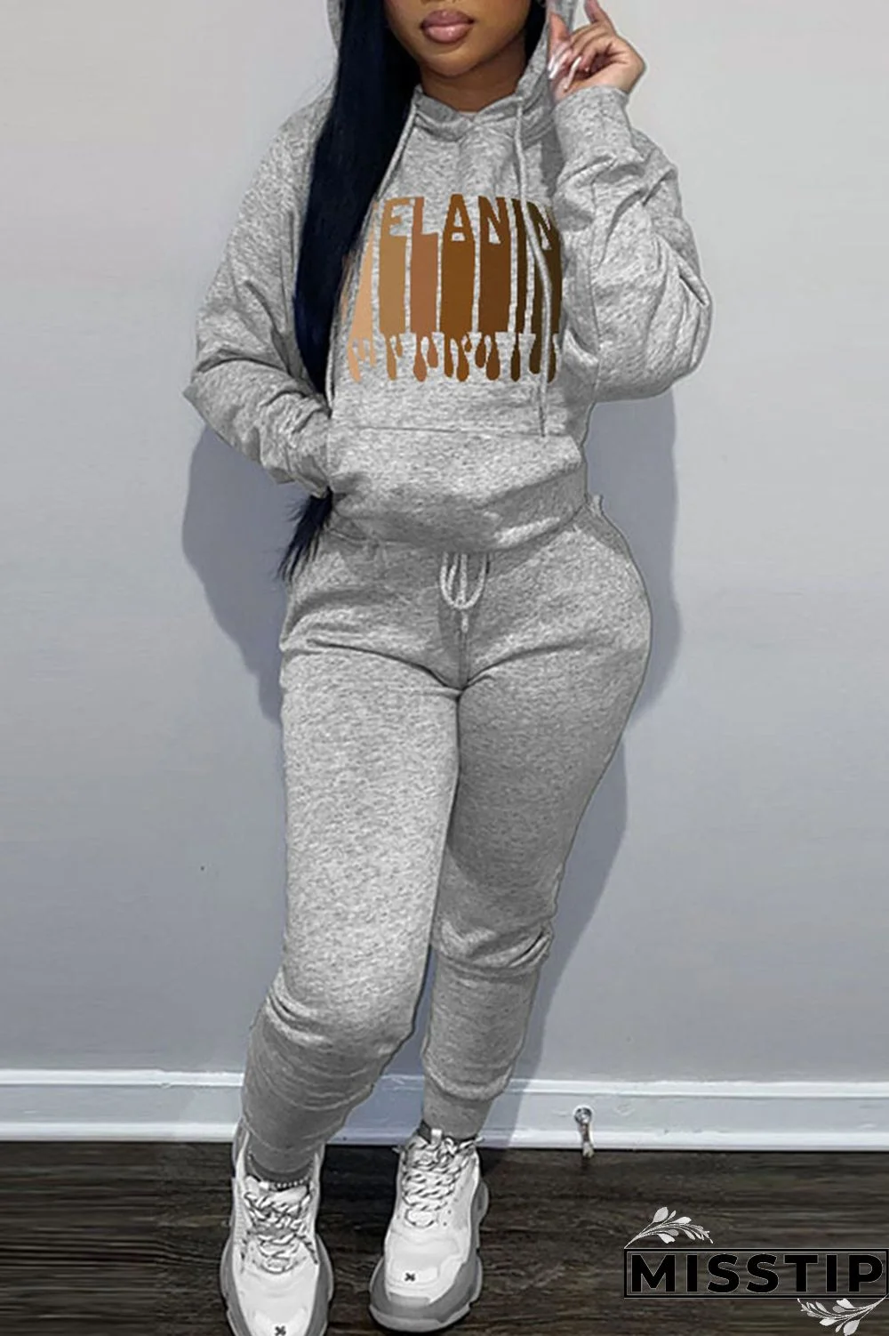 Brown Casual Print Patchwork Hooded Collar Long Sleeve Two Pieces