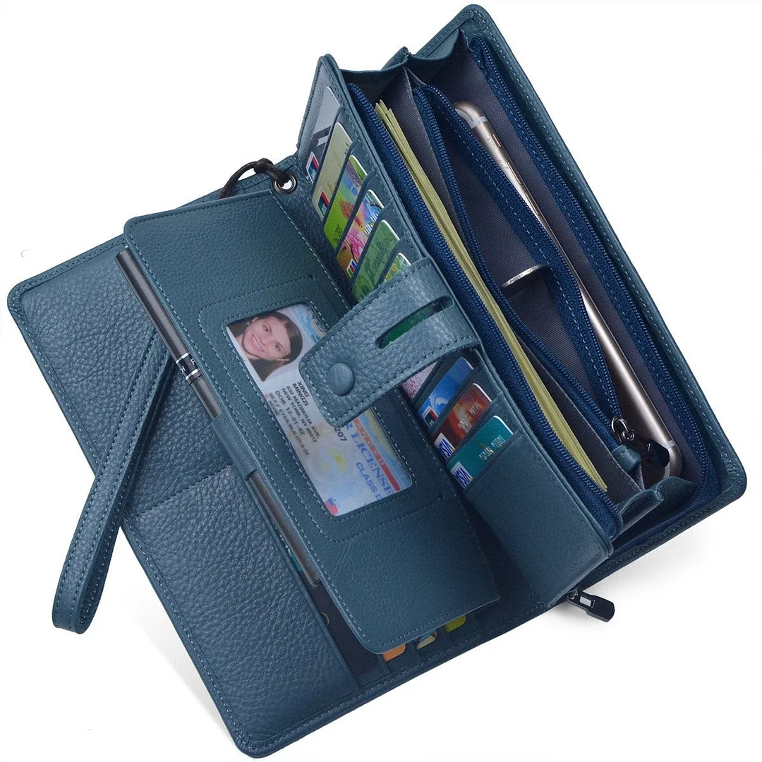 Women's Big Fat Rfid Leather Wristlet Wallet Organizer Large Phone Checkbook Holder with Zipper Pocket