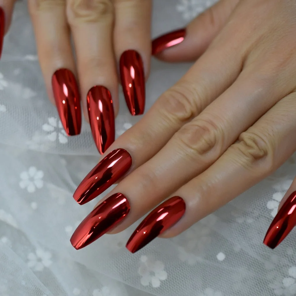 Gorgeous Mirror Fake Nails Sexy Red Metallic Ladies Fingernails Extra Long Ballerina Fashion Nail Art Tips 24