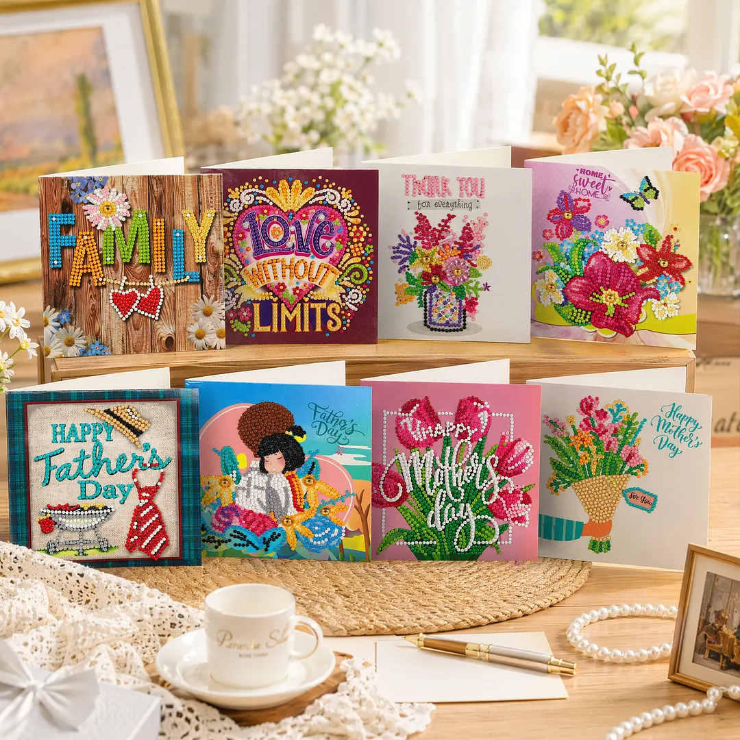 8PCS Fathers Day Mothers Day DIY Diamond Painting Greeting Card Kits with Envelopes Diamond Art Greeting Cards Diamond Art Cards Kits for Adults DIY Crafts Family Friend Gifts