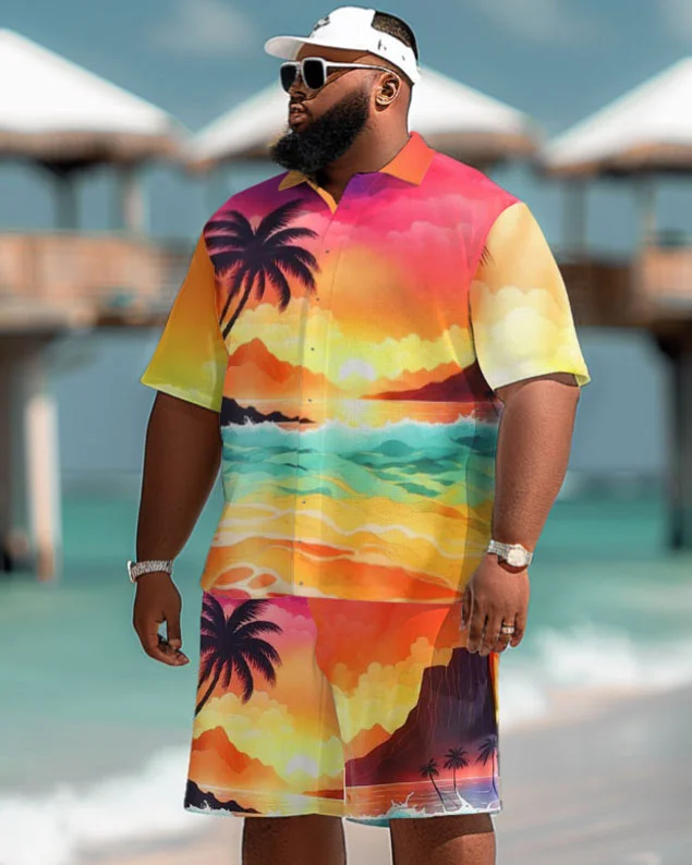 Men's Plus Size Hawaiian Sunset Gradient Coconut Print Short Sleeve Shirt Shorts Suit