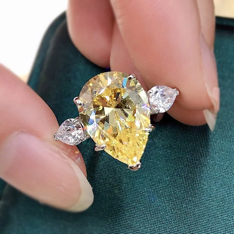 100% 925 Sterling Silver Sparkling 10*14mm Pear Multicolor High Carbon Diamond Wedding Rings For Women Fine Jewery Gifts 005