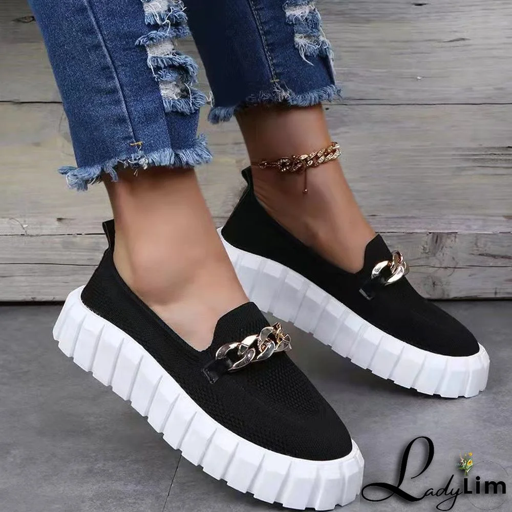 Metal Chain Thick Sole Round Toe Casual Shoes