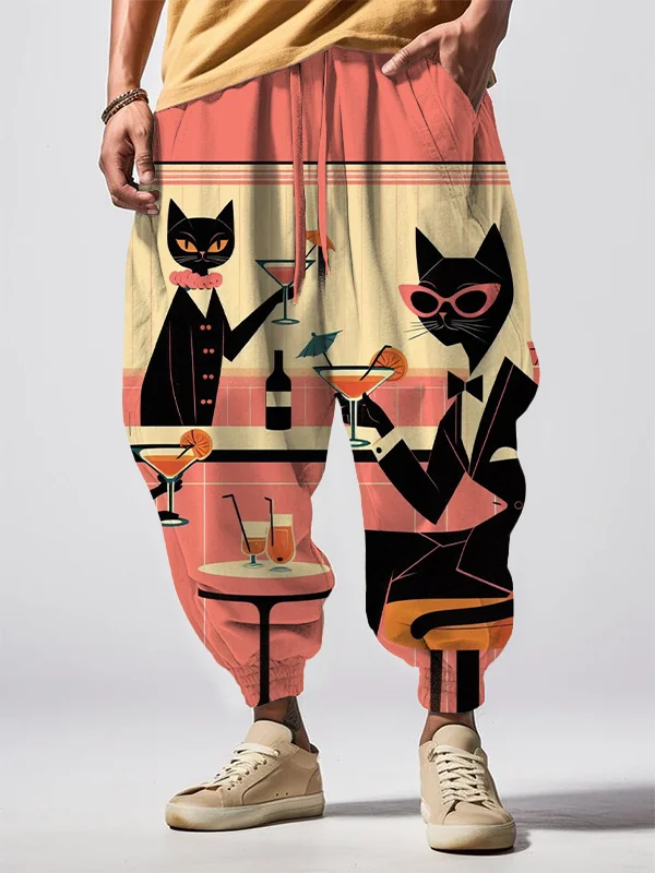 Men's Cats Cocktail Print Loose Drawstring Waist Sweatpants