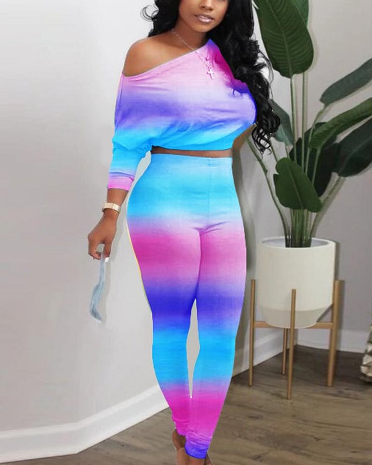 Ombre Form Fitting Long Sleeve Crop Top & Pants Set - Shop Trendy Women's Clothing | LoverChic