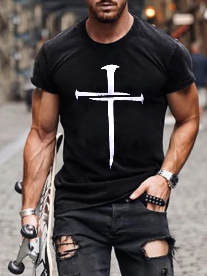 Men's Nail Cross Faith Print Casual Tee socialshop