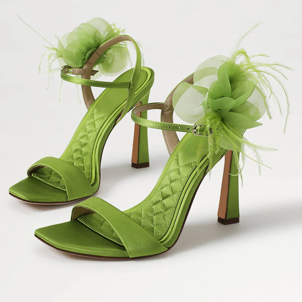 Green Square Toe Ankle Strap Heeled Sandals with Floral Decor