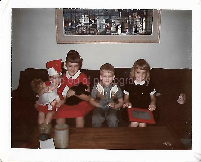 CHRISTMAS KIDS Vintage POLAROID Found Photo Poster painting DOLL Dog Etch A Sketch COLOR 03 10 B