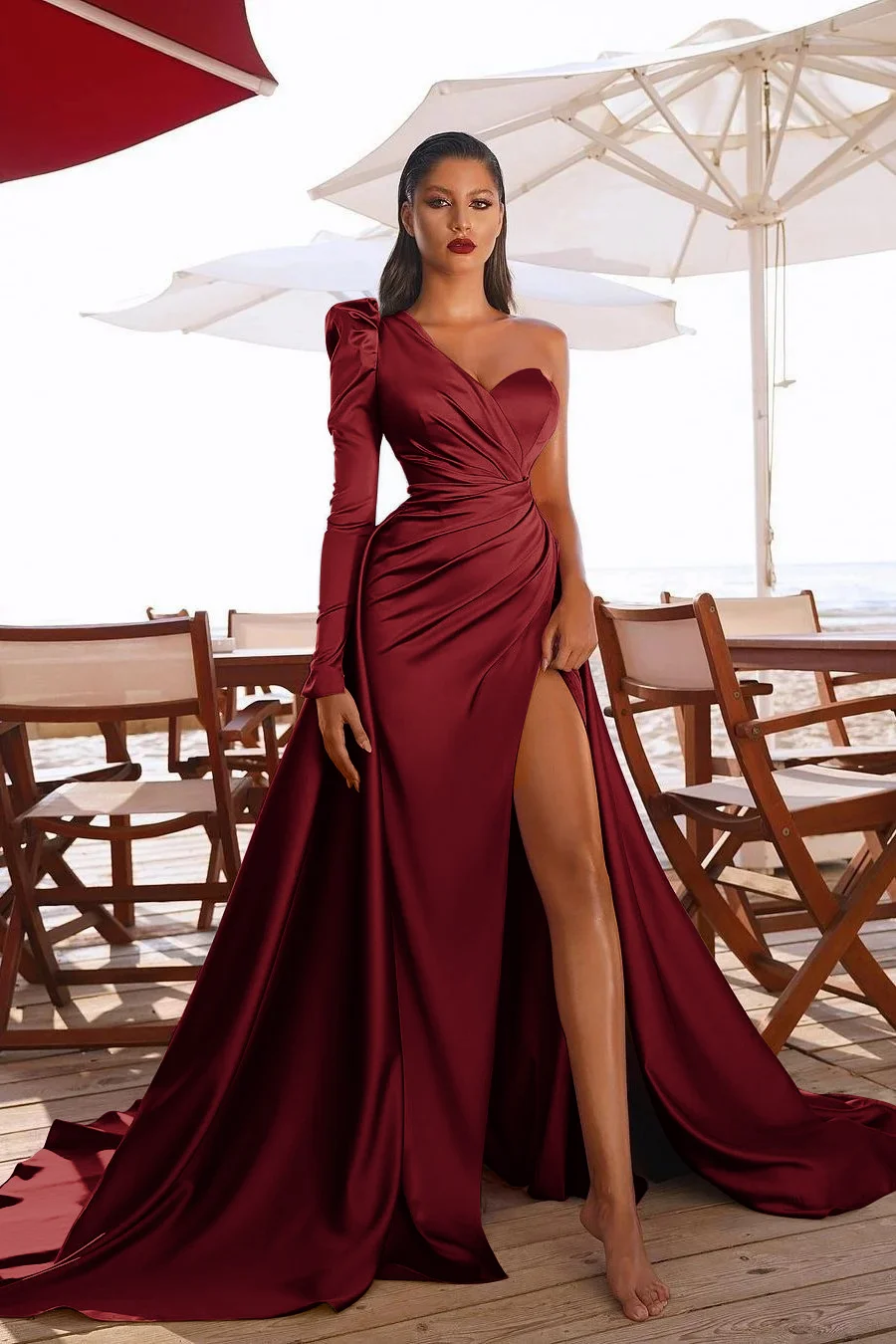 One Shoulder Long Sleeves Prom Dres With Split PD0105