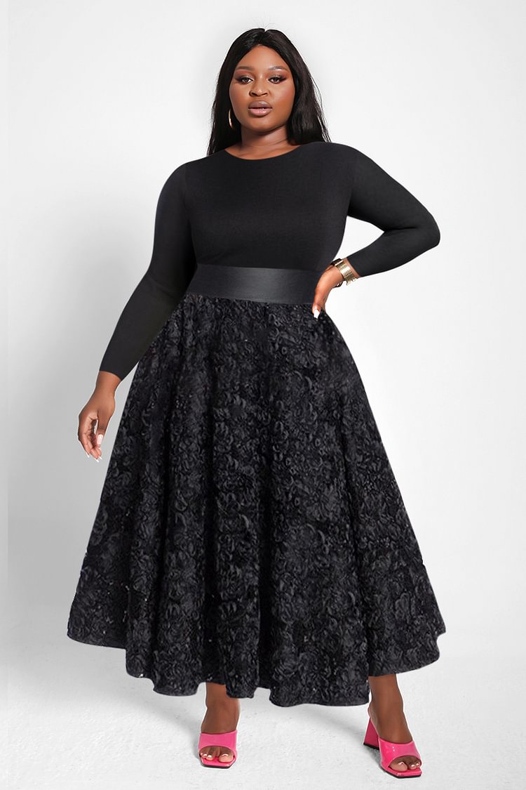 Xpluswear Plus Size Long Sleeve Sequin Little Black Pleated Midi Dress