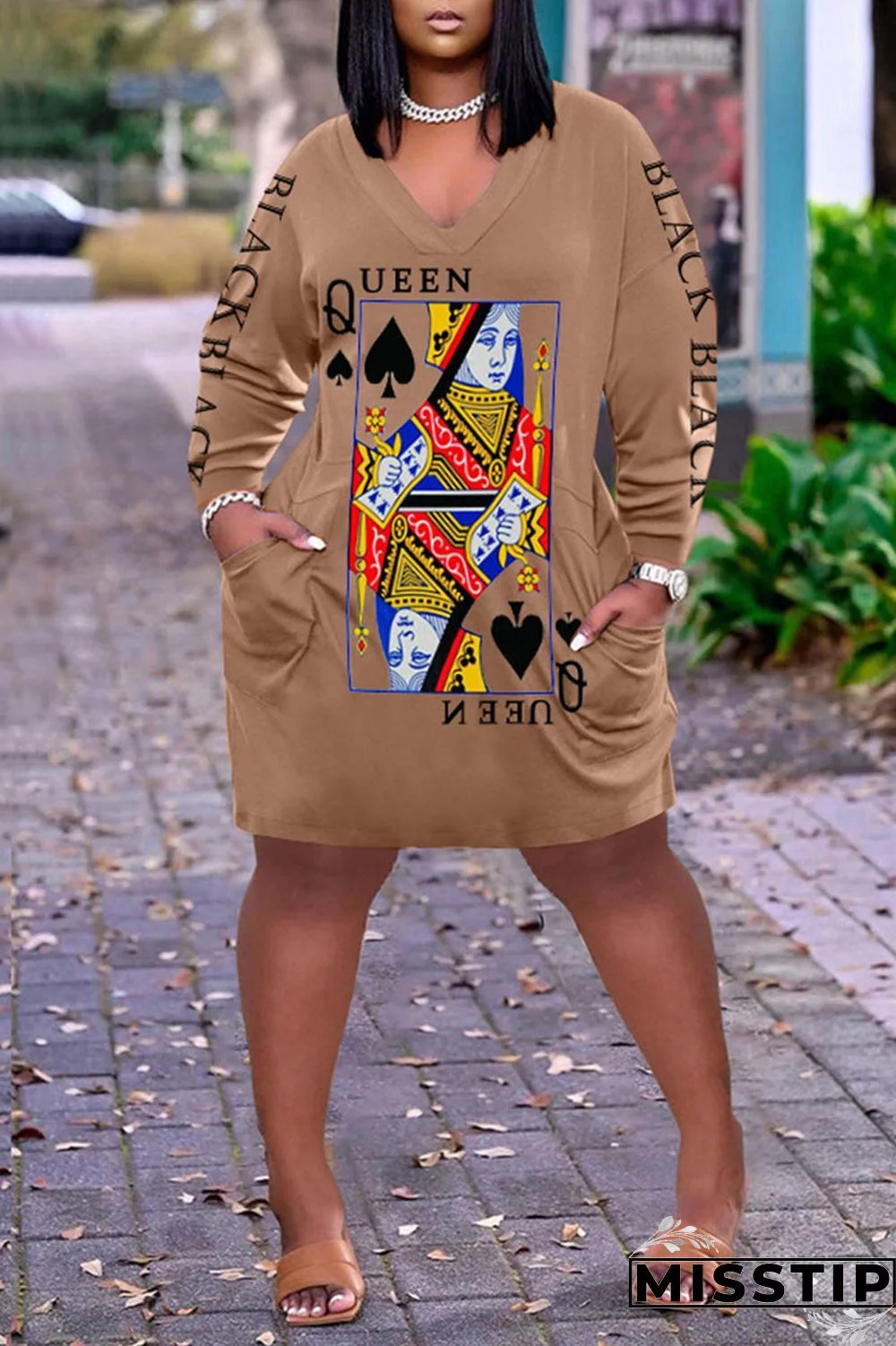 Dark Brown Casual Print Patchwork V Neck Long Sleeve Dresses