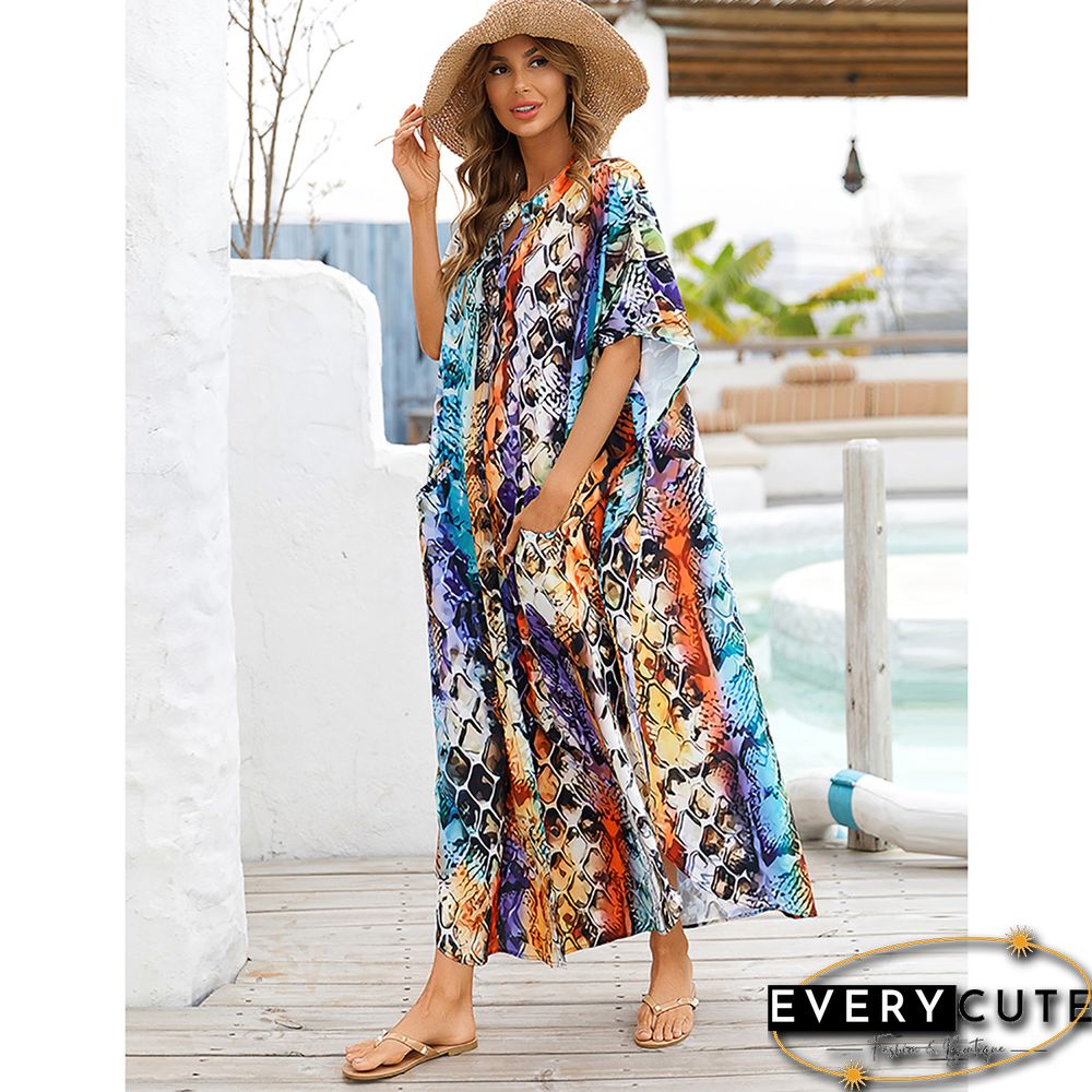 Orange Button-down Holiday Beach Kimono Dress with Pocket