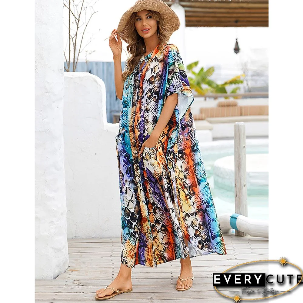 Orange Button-down Holiday Beach Kimono Dress with Pocket