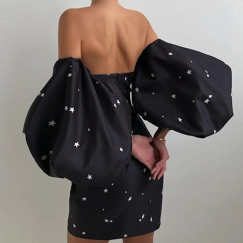 Puff Sleeve High Waist Wrapped Five-pointed Star Print Gown