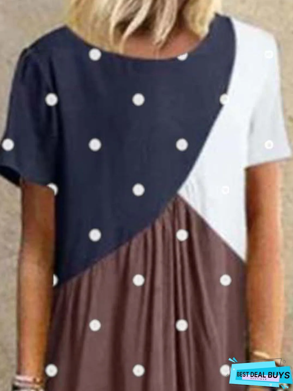 Coffee Round Neck Polka Dots Short Sleeve Knitting Dress