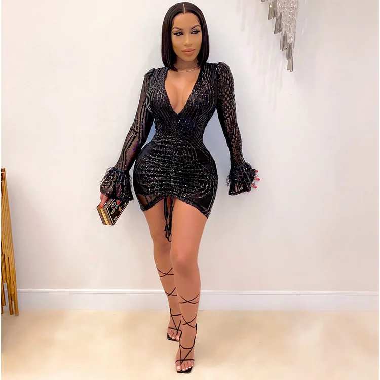V-neck Ostrich Feather Lantern Sleeve Nightclub Sequins Party Sexy A- Line Dress