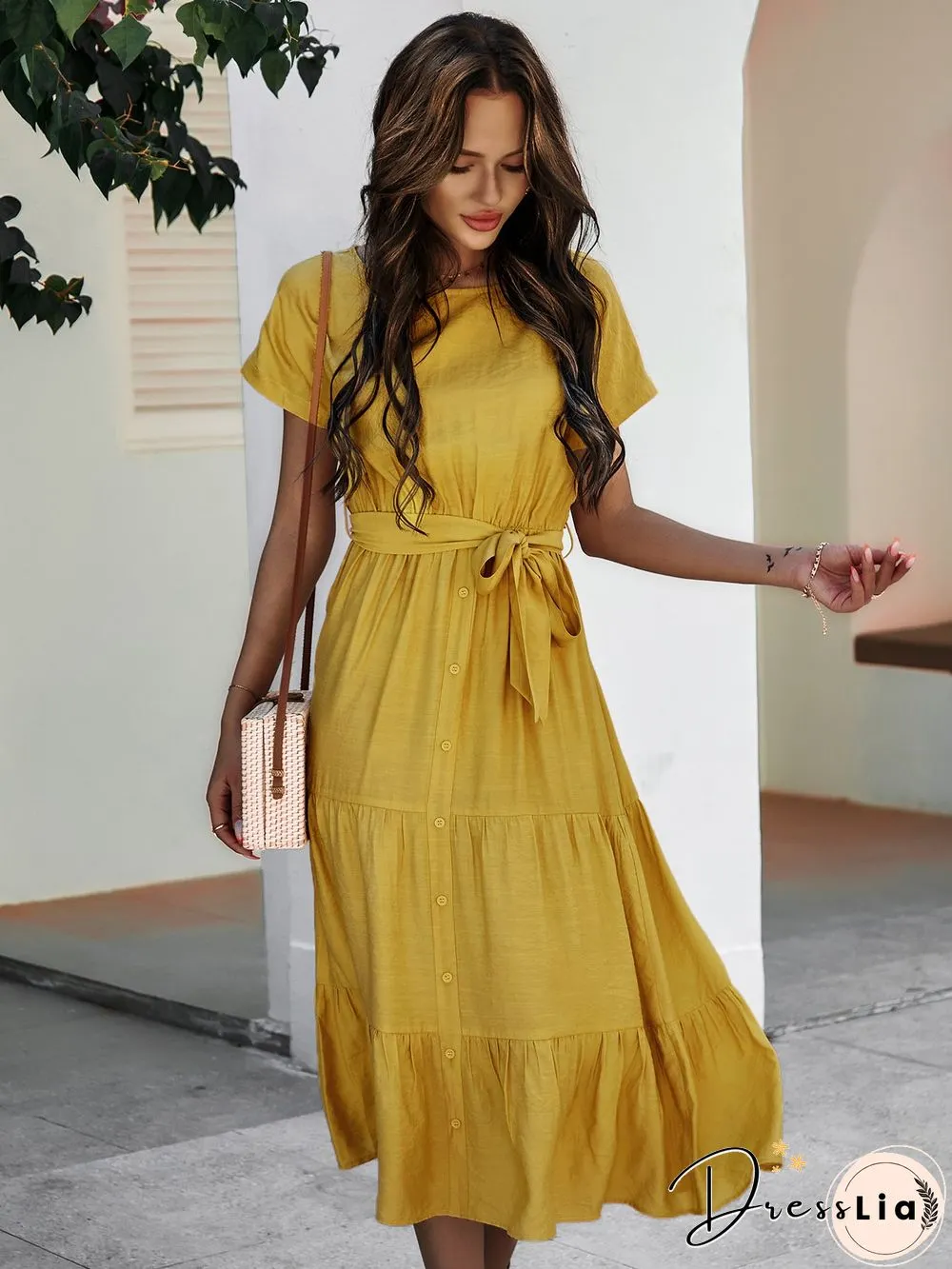 Short Sleeve Round Neck Wrap Tie Waist Maxi Dress