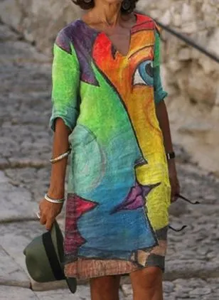 2021 new color matching printed patchwork V-neck loose bamboo retro literary round neck five-point sleeve plus size dress