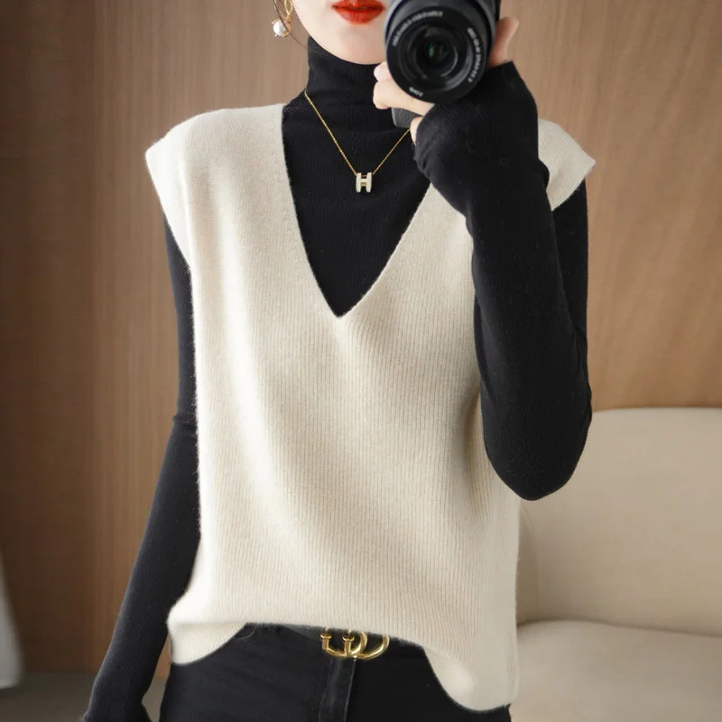 Ueong Ueong Blend 2024 Autumn Winter New Ladies Loose V-Neck Short Solid Color Set Knit Vest Vest Vest