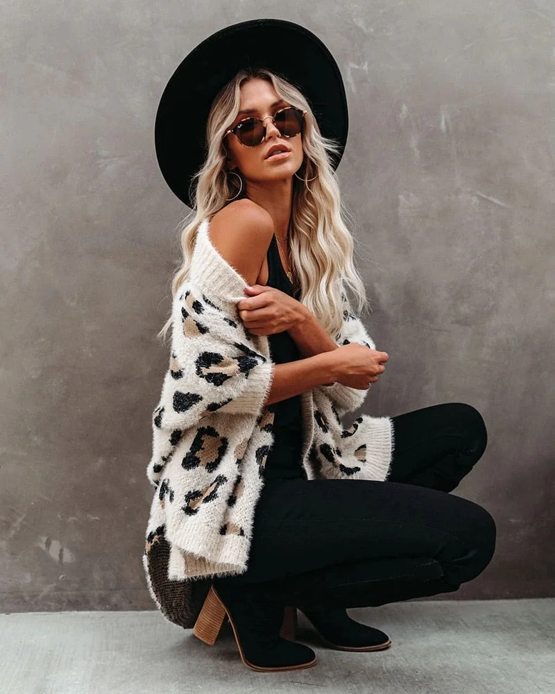 Fitshinling Fuzzy Leopard Long Cardigan Female Bohemian Slim Batwing Sleeve Overized Sweaters Cardiagns  For Women Winter Coat