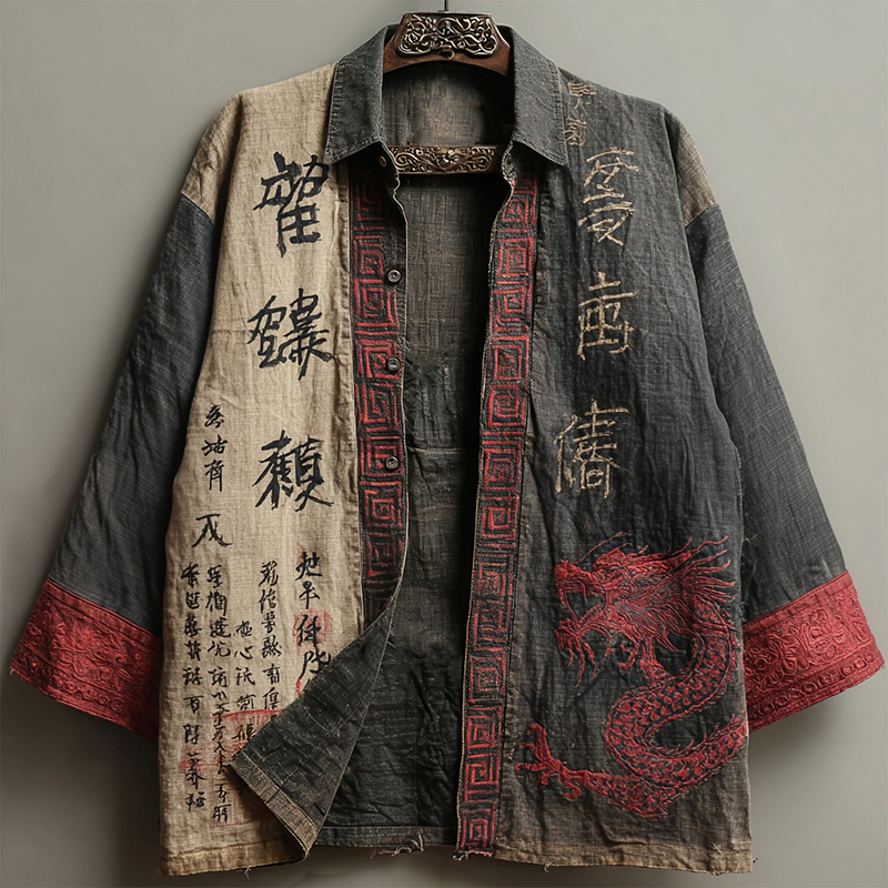 Men's Retro Japanese Calligraphy And Dragon Art Pattern Linen Blend Long-sleeve Shirt elevenforest
