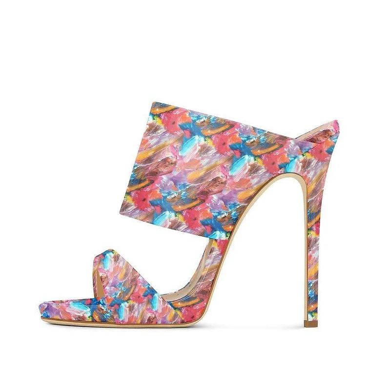 Multicolor Floral Print Stiletto Heels Open Toe Mules Sandals by FSJ |FSJ Shoes